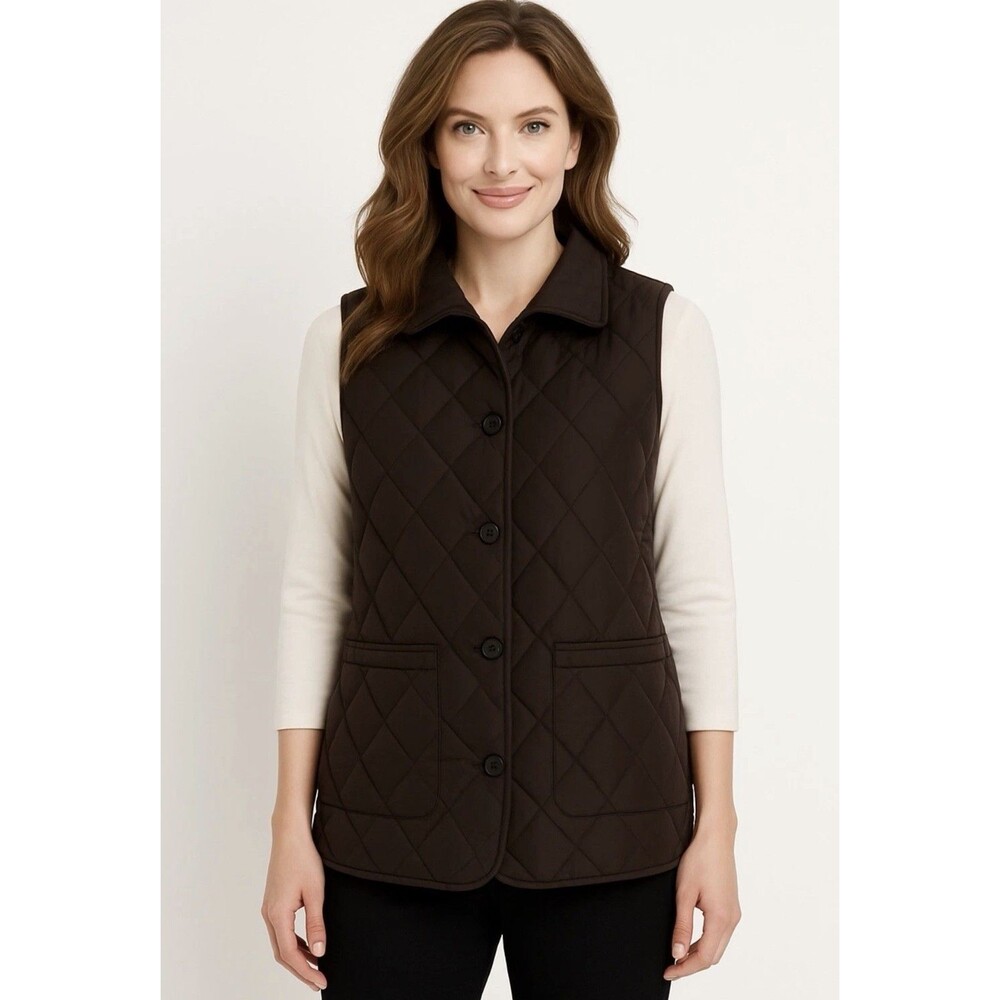 Lafayette 148 Quilted Brown Vest Button Front Women's Medium Pockets Outdoor